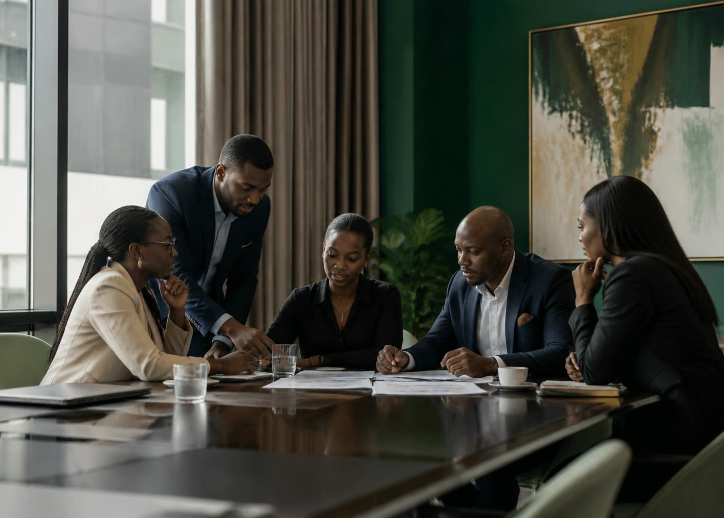 Professionals collaborating in a modern boardroom